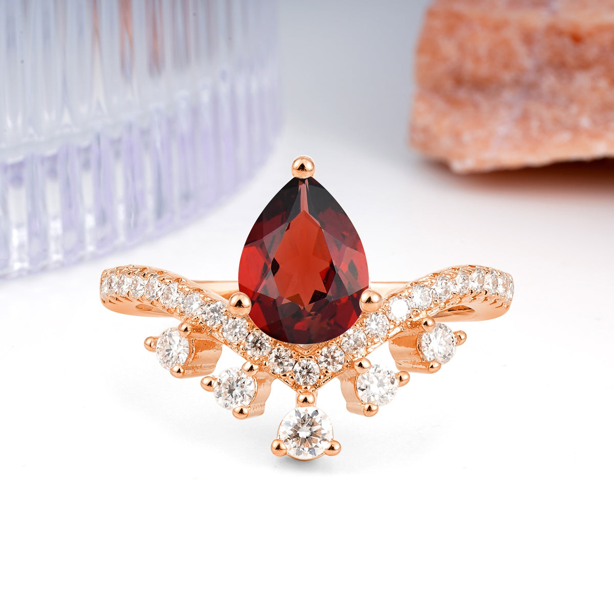 Luxurious and Unique Crown Style 3 Prong Pear Cut Garnet Engagement Ring - Additional view