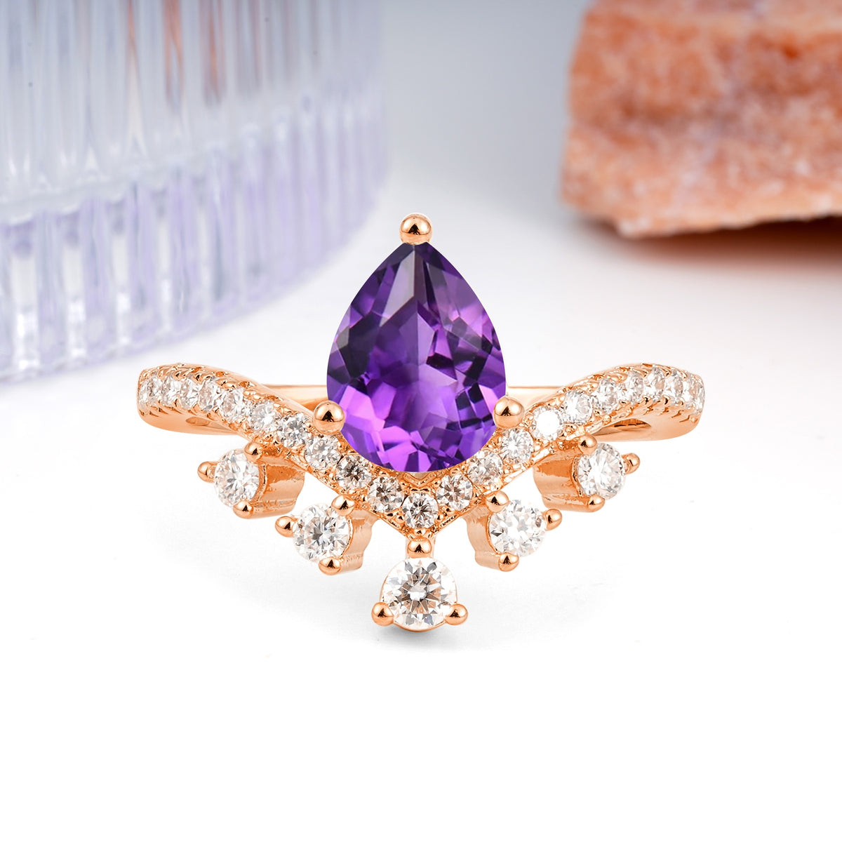 Luxurious and Unique Crown Style 3 Prong Pear Cut Amethyst Engagement Ring - Additional view