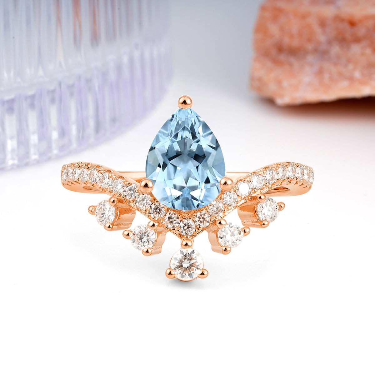 Luxurious and Unique Crown Style 3 Prong Pear Cut Aquamarine Engagement Ring - Additional view
