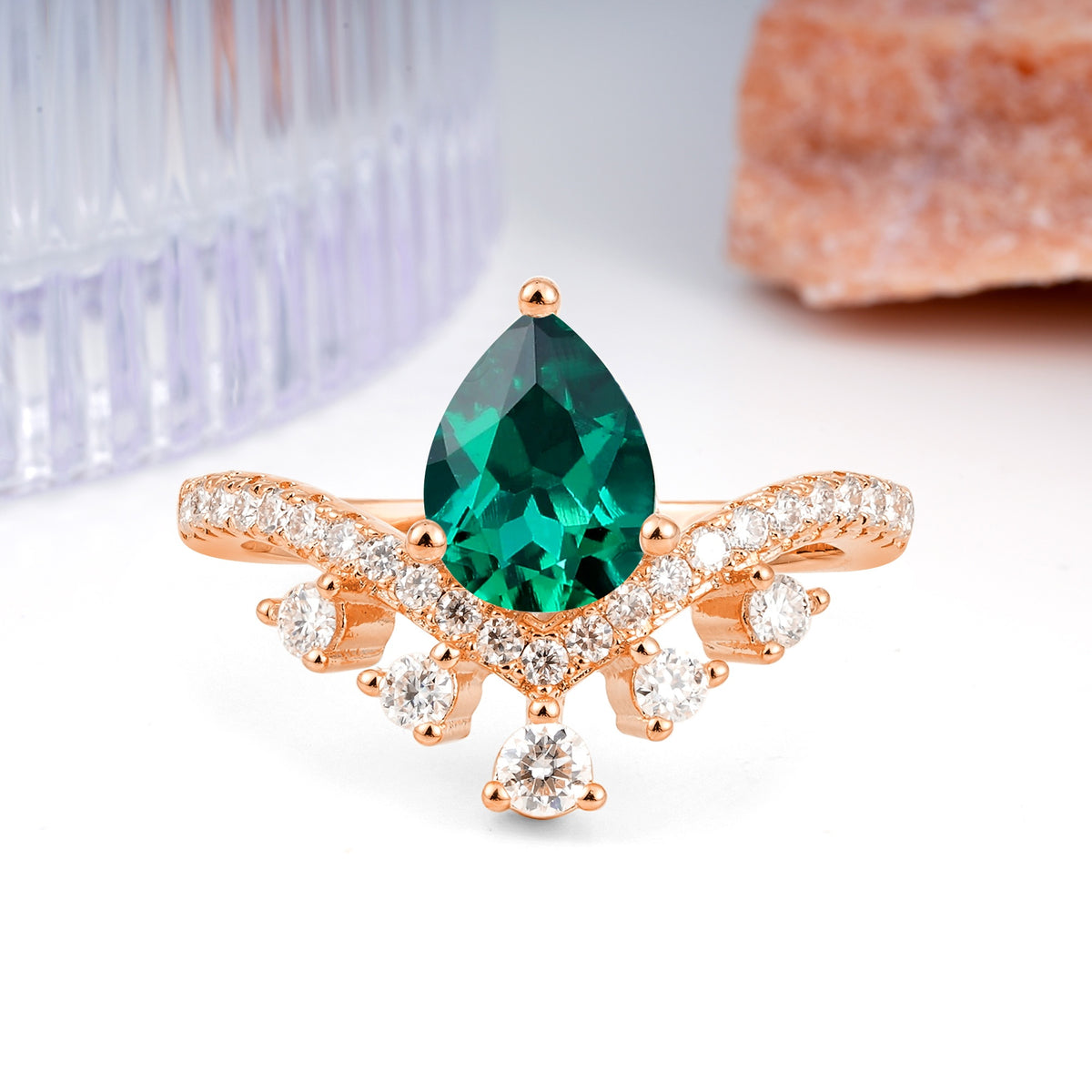 Luxurious and Unique Crown Style 3 Prong Pear Cut Emerald Engagement Ring - Additional view