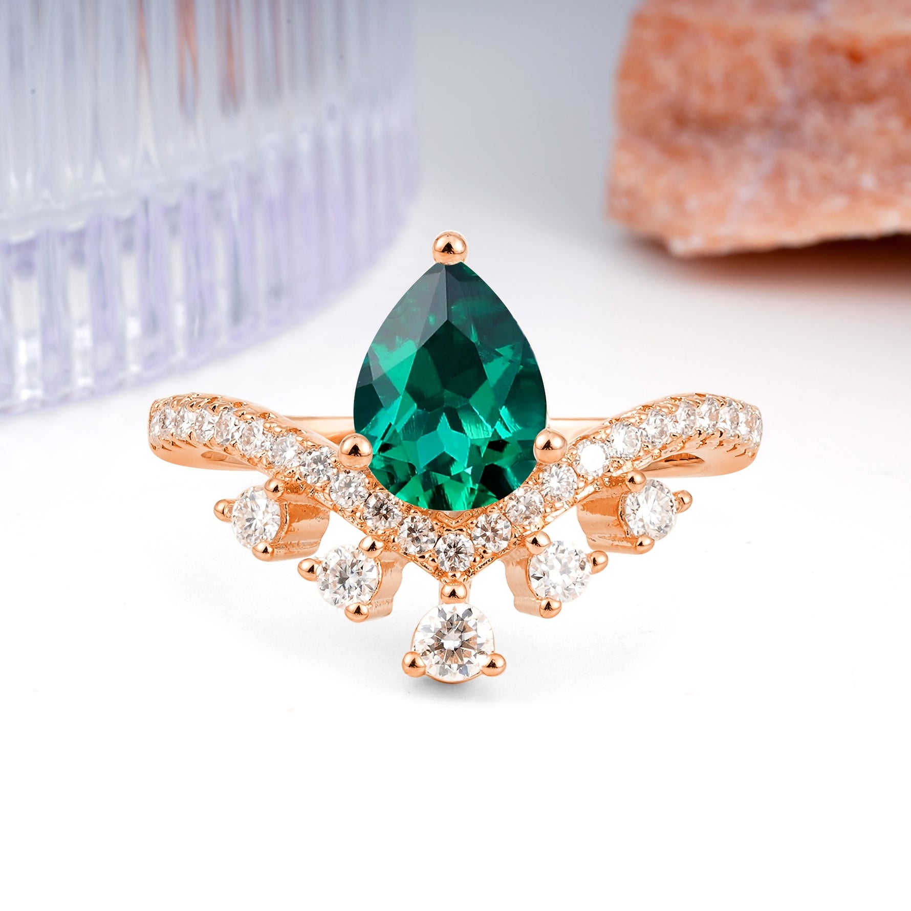 Luxurious and Unique Crown Style 3 Prong Pear Cut Emerald Engagement Ring - Additional view
