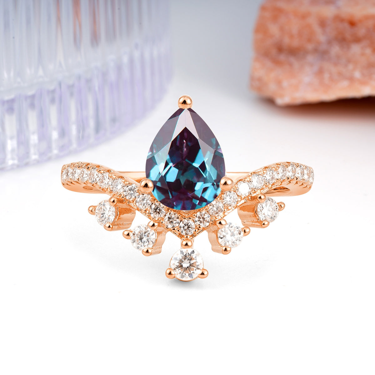 Luxurious and Unique Crown Style 3 Prong Pear Cut Alexandrite Engagement Ring - Additional view