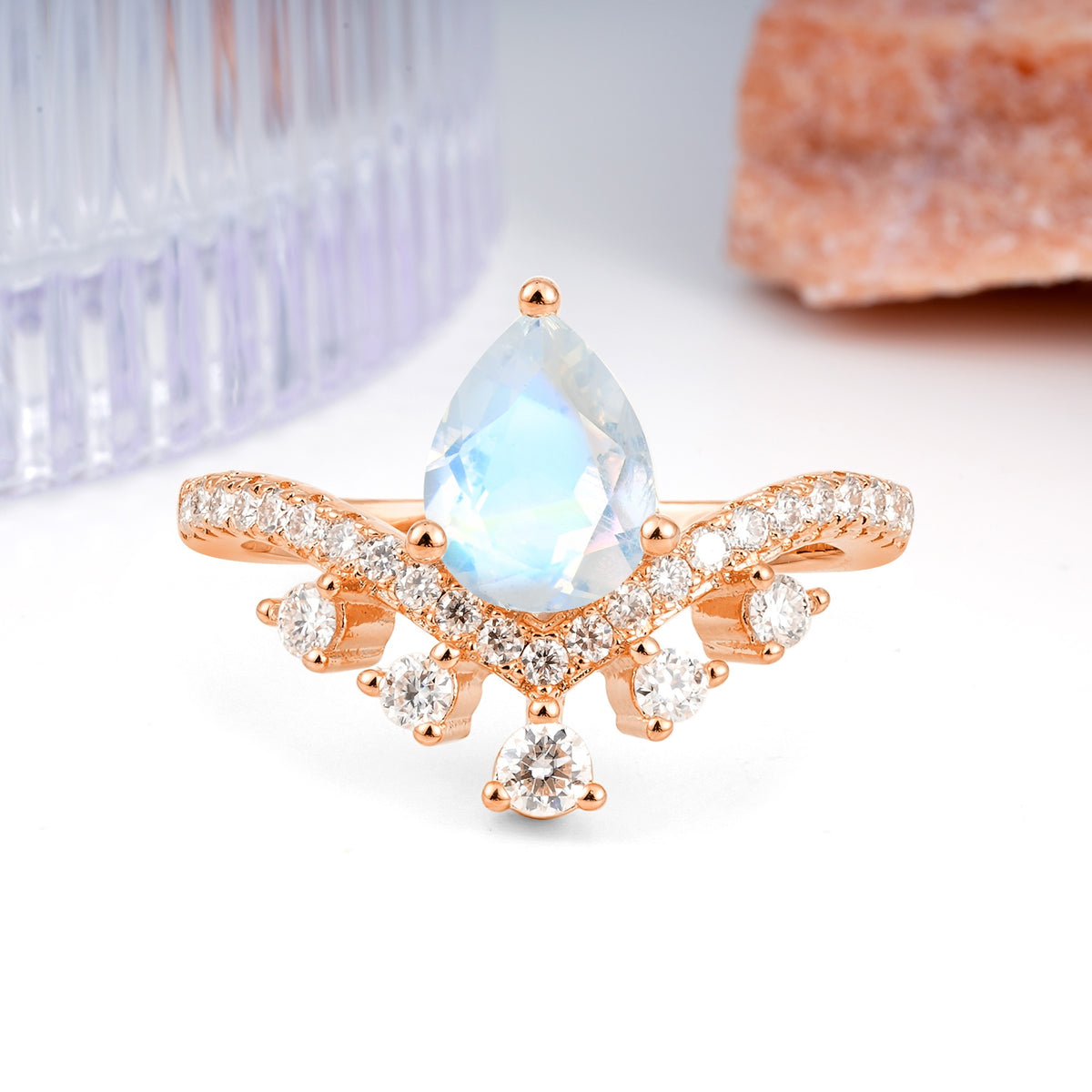 Luxurious and Unique Crown Style 3 Prong Pear Cut Moonstone Engagement Ring - Additional view