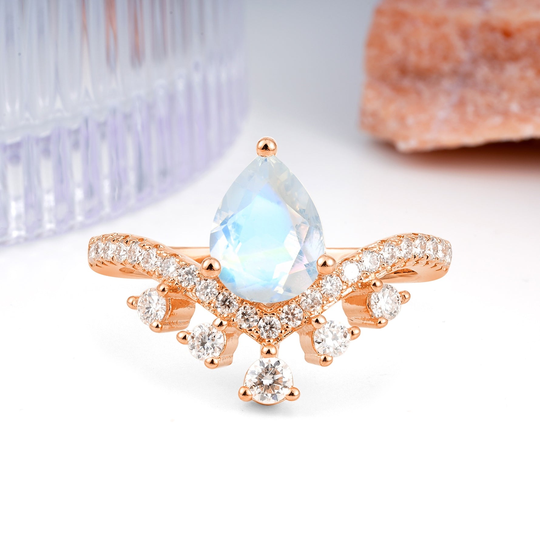 Luxurious and Unique Crown Style 3 Prong Pear Cut Moonstone Engagement Ring - Additional view