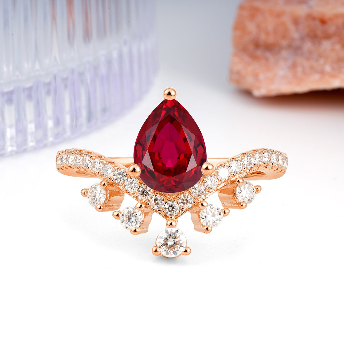 Luxurious and Unique Crown Style 3 Prong Pear Cut Ruby Engagement Ring - Additional view