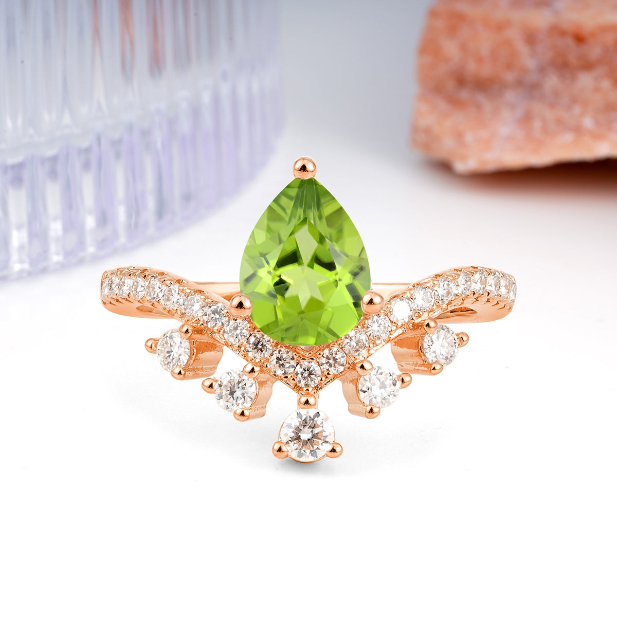 Luxurious and Unique Crown Style 3 Prong Pear Cut Peridot Engagement Ring - Additional view