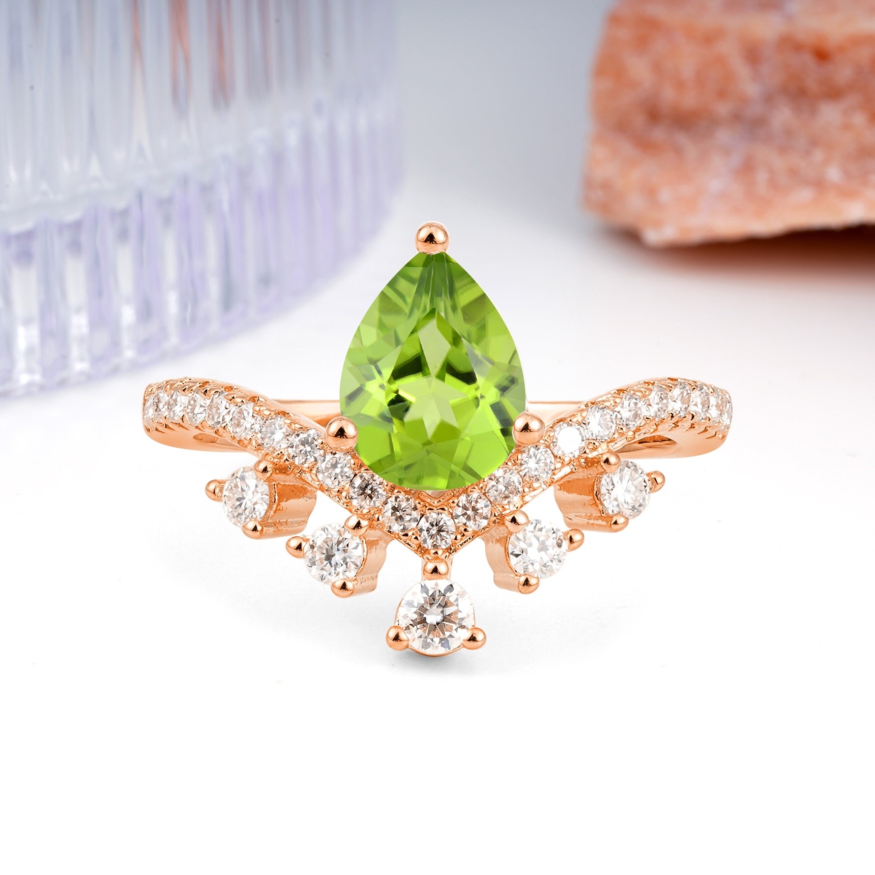 Luxurious and Unique Crown Style 3 Prong Pear Cut Peridot Engagement Ring - Additional view