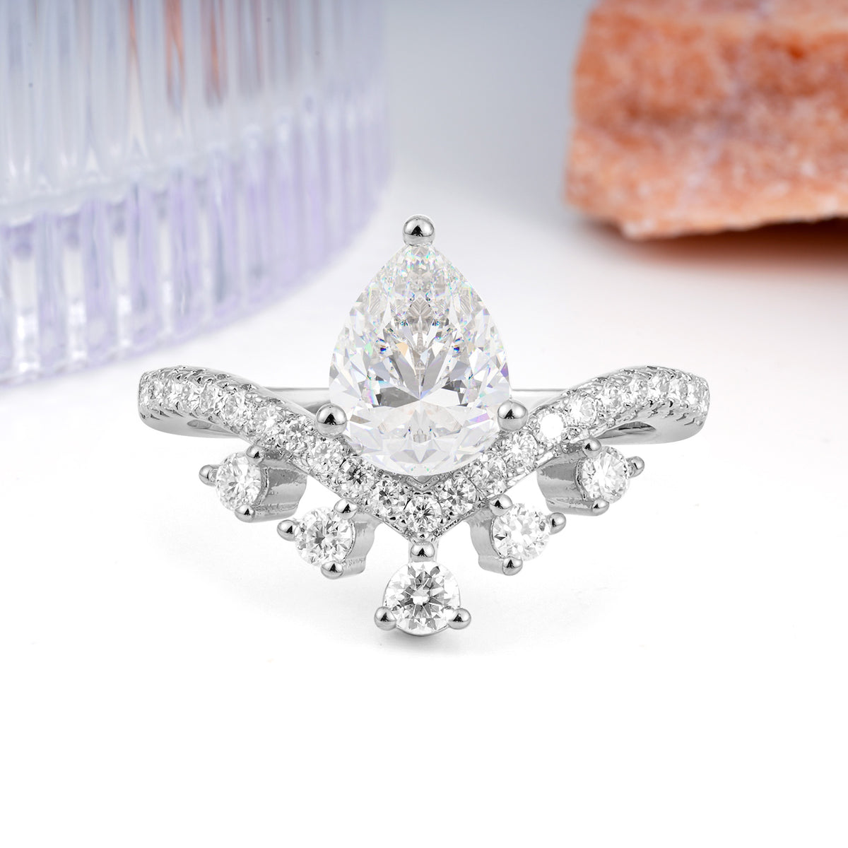 Luxurious and Unique Crown Style 3 Prong Pear Cut Moissanite Engagement Ring - Additional view