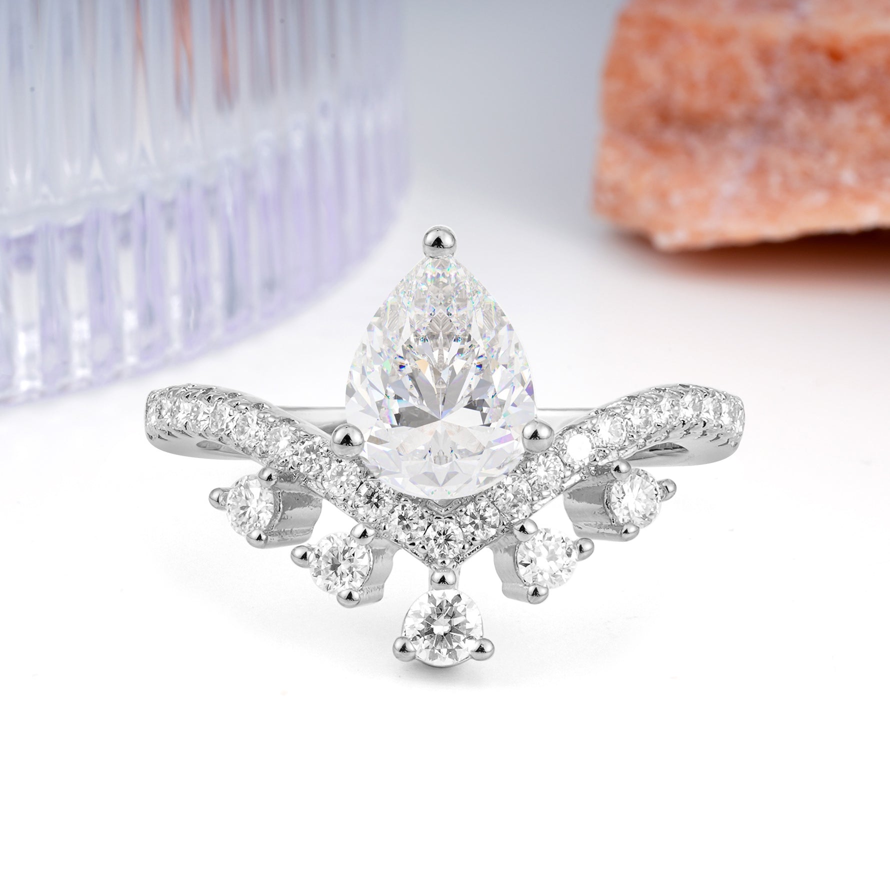Luxurious and Unique Crown Style 3 Prong Pear Cut Moissanite Engagement Ring - Additional view