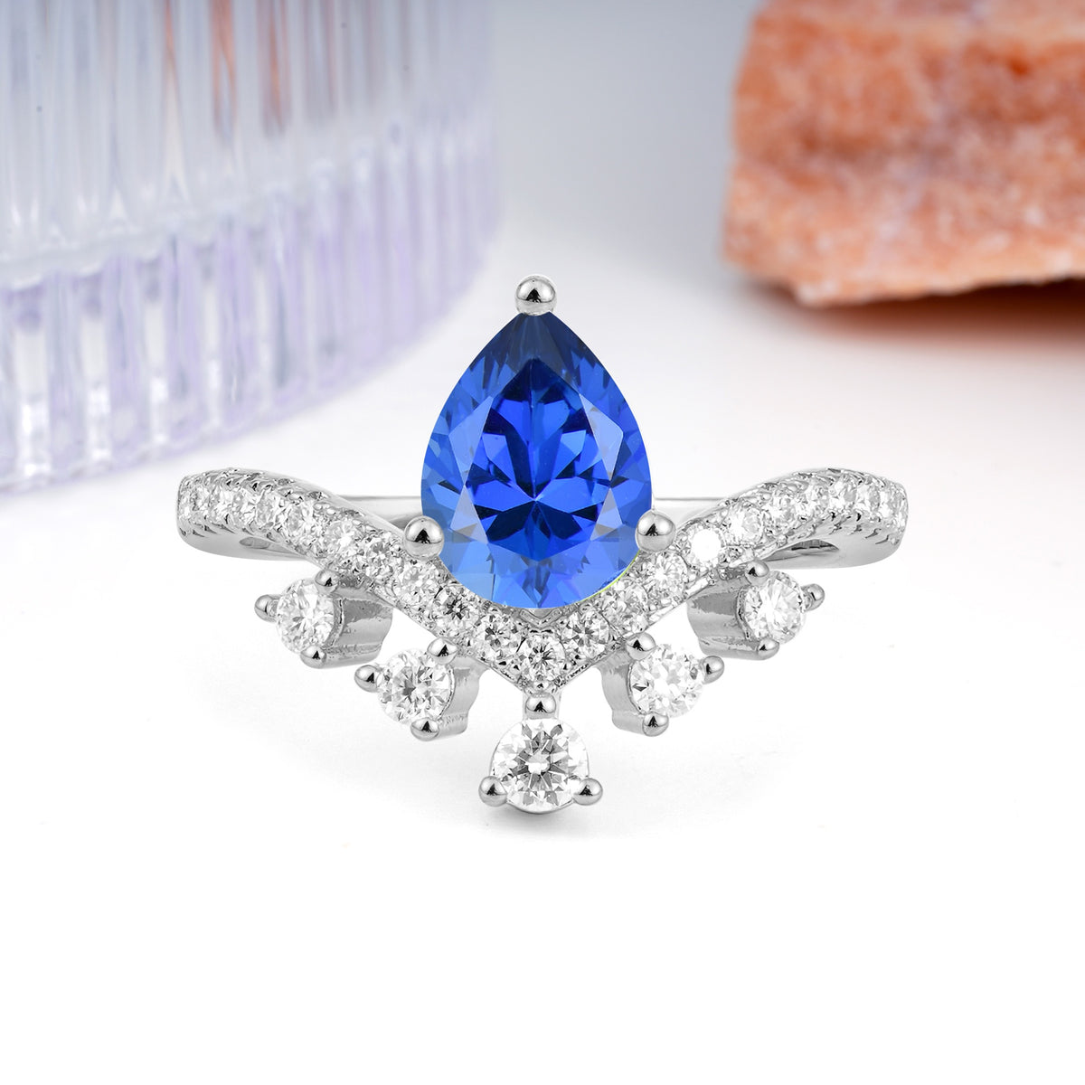 Luxurious and Unique Crown Style 3 Prong Pear Cut Sapphire Engagement Ring - Additional view
