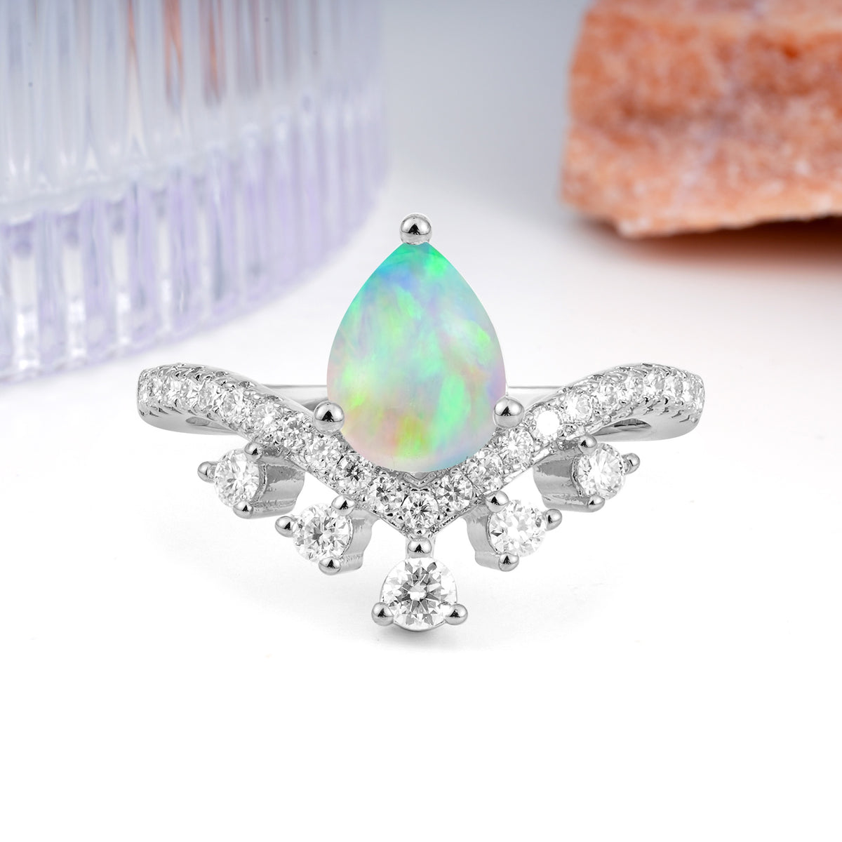 Luxurious and Unique Crown Style 3 Prong Pear Cut Fire Opal Engagement Ring - Additional view