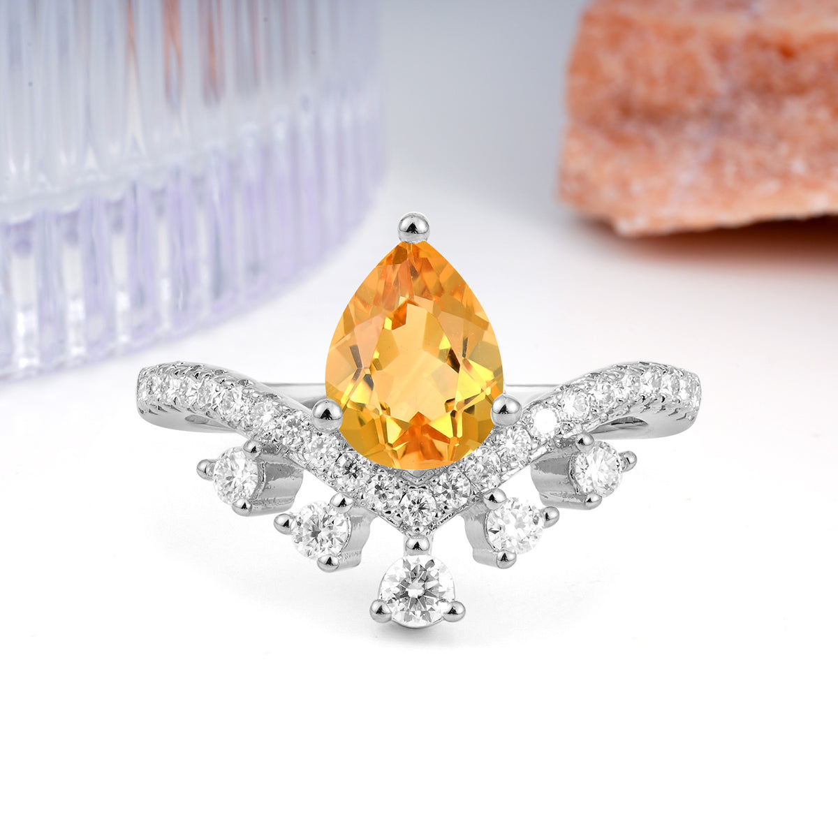 Luxurious and Unique Crown Style 3 Prong Pear Cut Citrine Engagement Ring - Additional view
