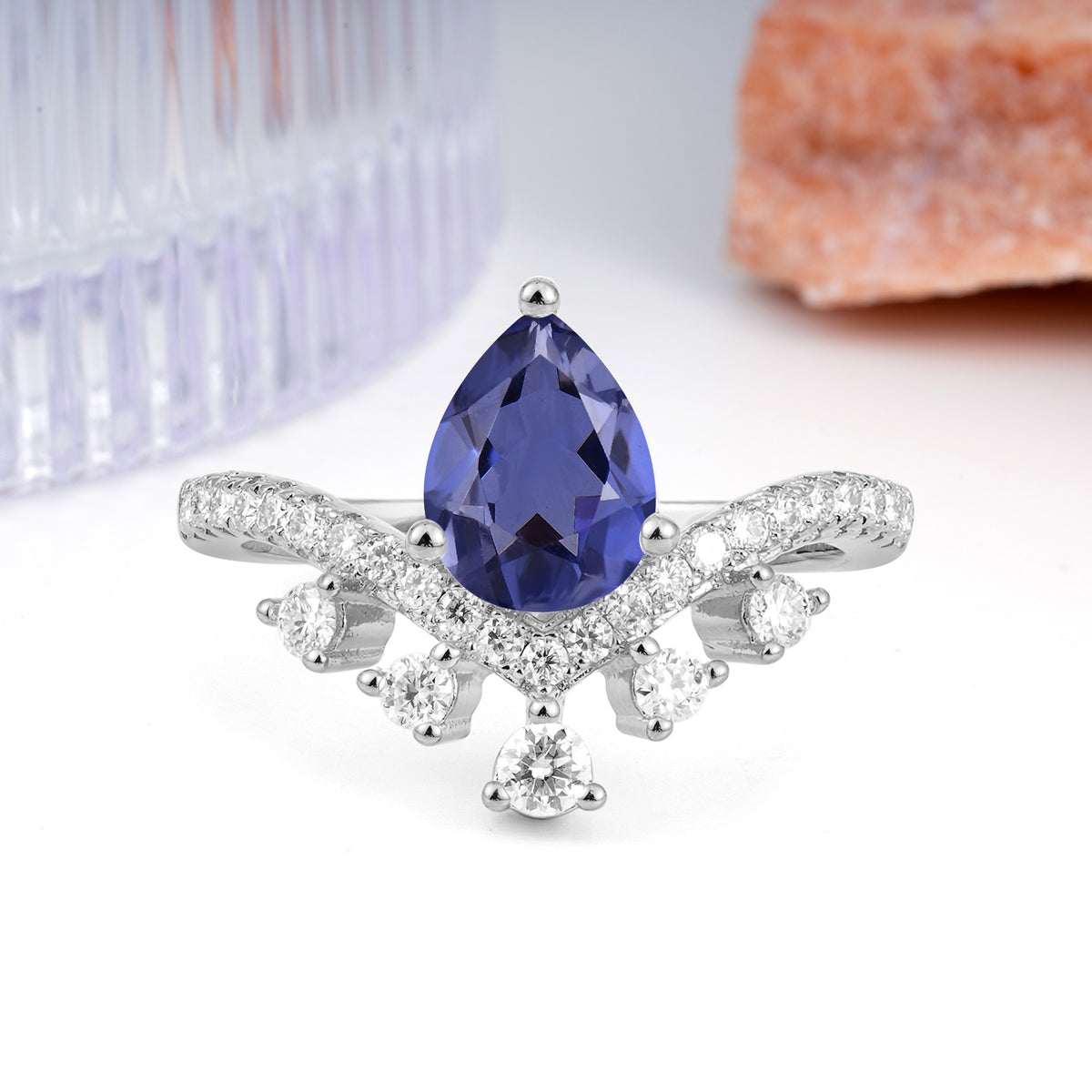 Luxurious and Unique Crown Style 3 Prong Pear Cut Tanzanite Engagement Ring - Additional view