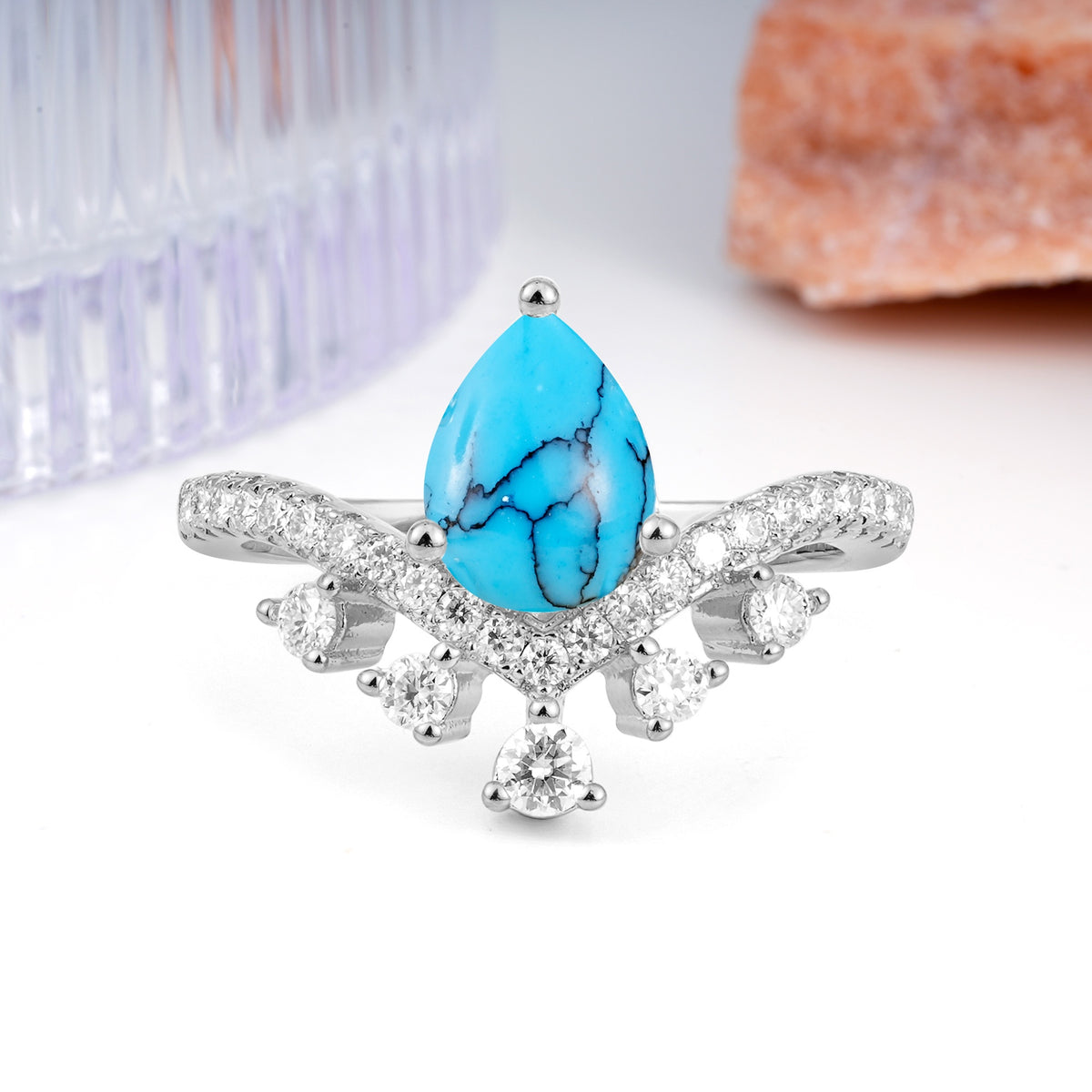 Luxurious and Unique Crown Style 3 Prong Pear Cut Turquoise Engagement Ring - Additional view