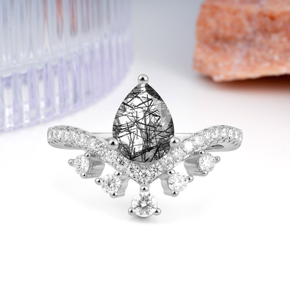 Luxurious and Unique Crown Style 3 Prong Pear Cut Black Rutilated Quartz Engagement Ring - Additional view