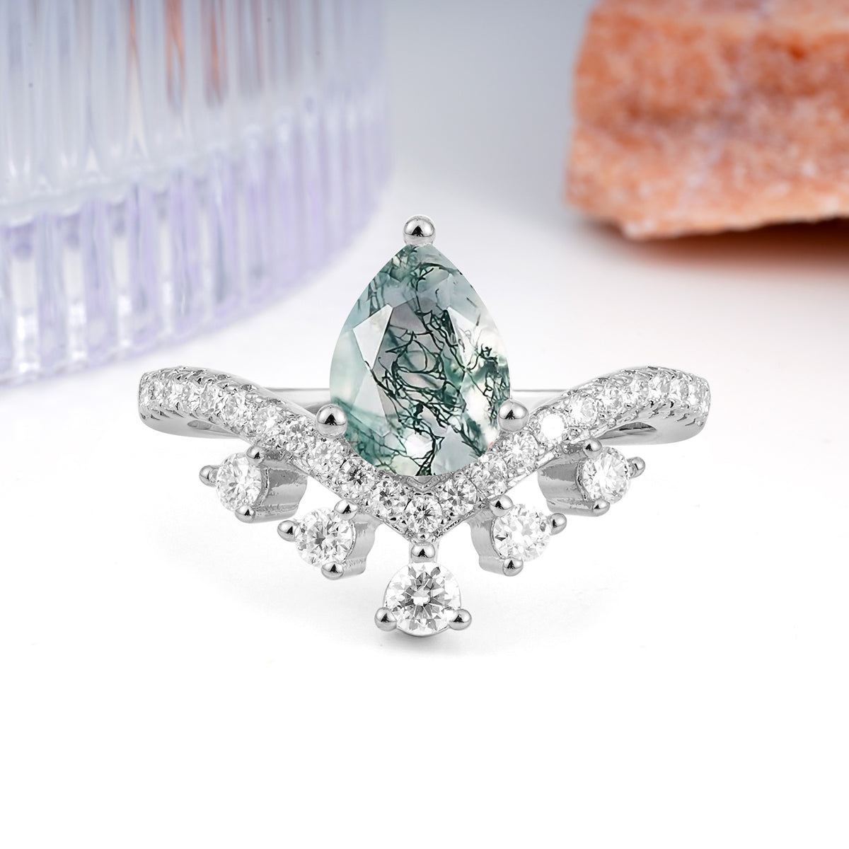 Luxurious and Unique Crown Style 3 Prong Pear Cut Moss Agate Engagement Ring - Additional view