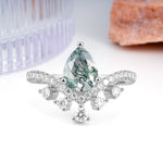 Luxurious and Unique Crown Style 3 Prong Pear Cut Moss Agate Engagement Ring - Additional view