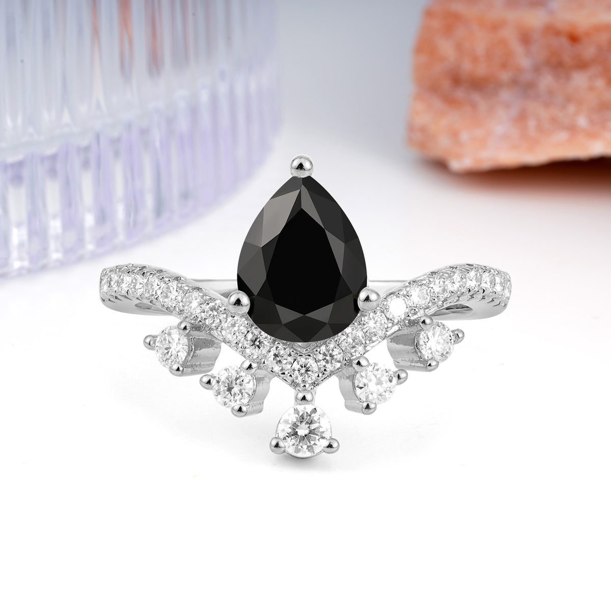 Luxurious and Unique Crown Style 3 Prong Pear Cut Black Onyx Engagement Ring - Additional view