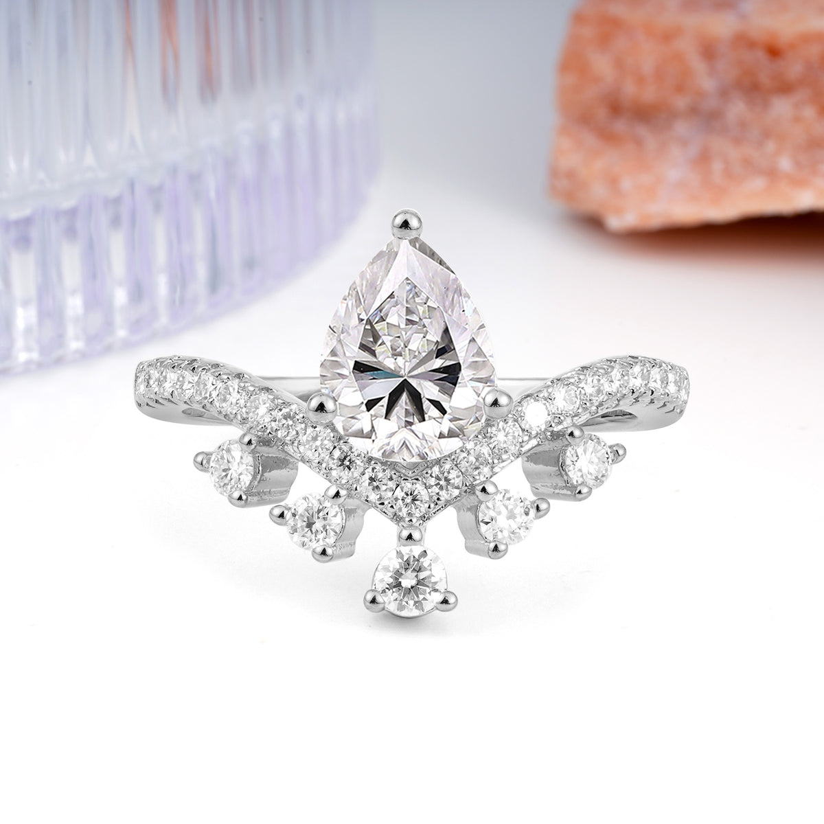Luxurious and Unique Crown Style 3 Prong Pear Cut Lab Diamond Engagement Ring - Additional view