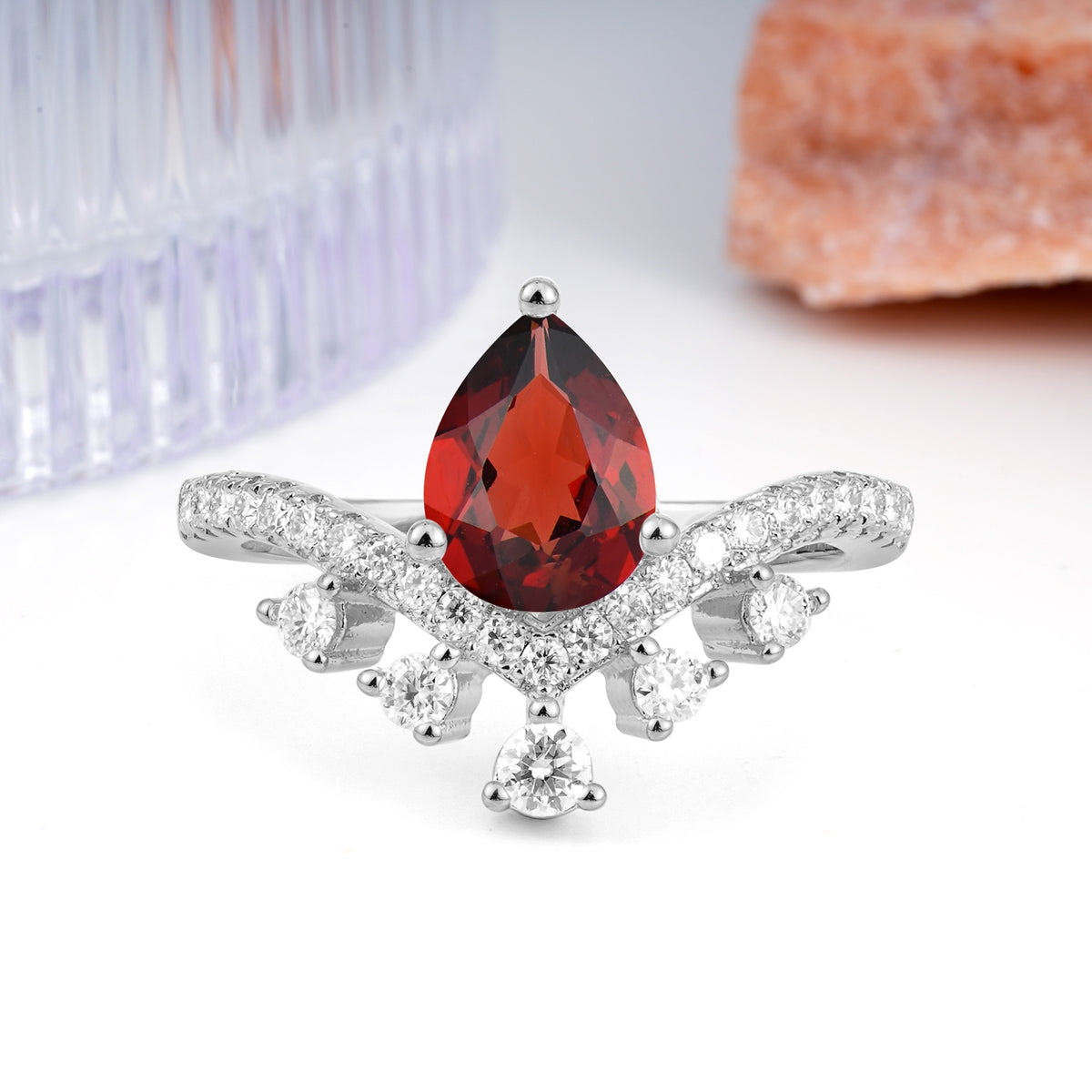 Luxurious and Unique Crown Style 3 Prong Pear Cut Garnet Engagement Ring - Additional view