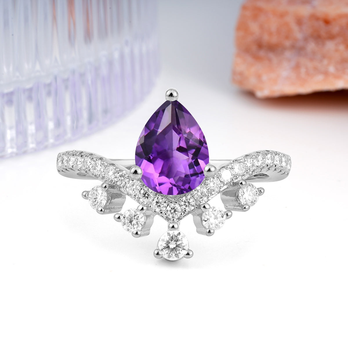 Luxurious and Unique Crown Style 3 Prong Pear Cut Amethyst Engagement Ring - Additional view