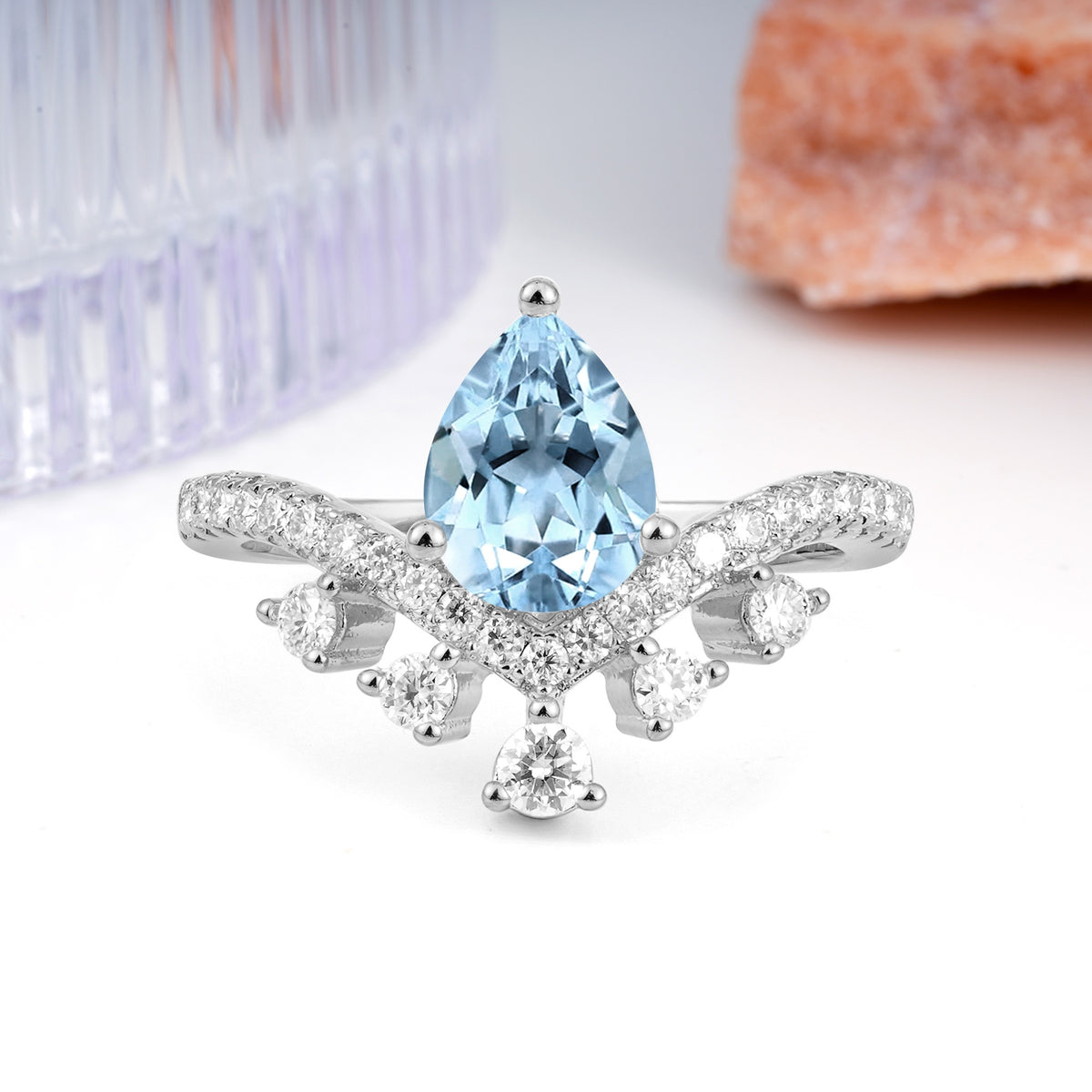 Luxurious and Unique Crown Style 3 Prong Pear Cut Aquamarine Engagement Ring - Additional view