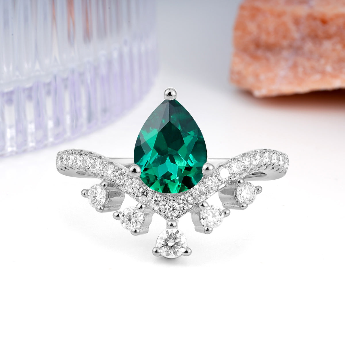 Luxurious and Unique Crown Style 3 Prong Pear Cut Emerald Engagement Ring - Additional view