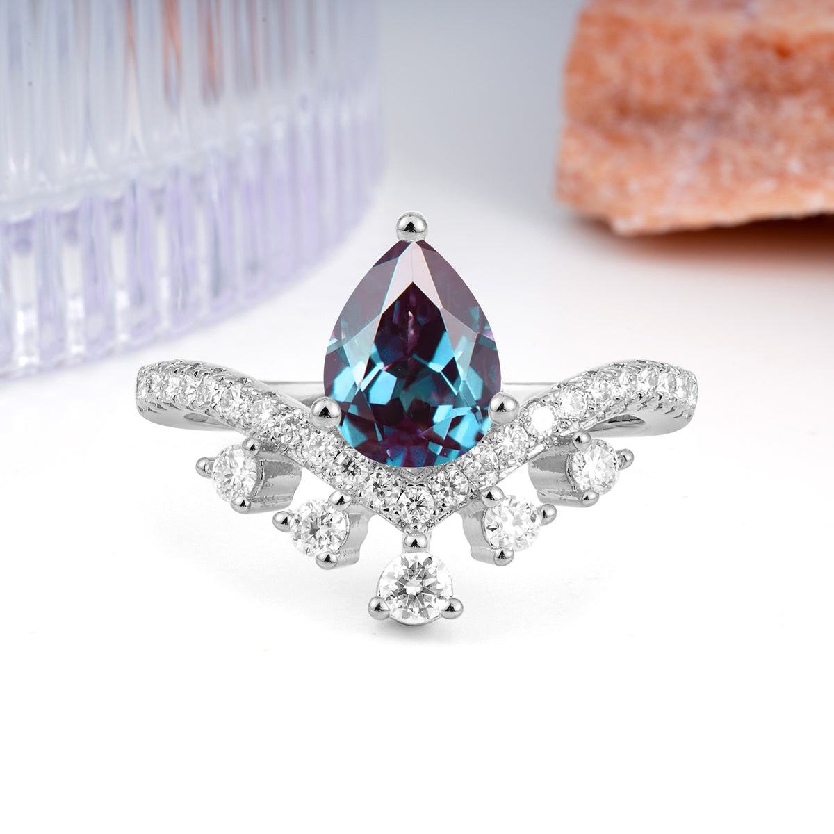 Luxurious and Unique Crown Style 3 Prong Pear Cut Alexandrite Engagement Ring - Additional view