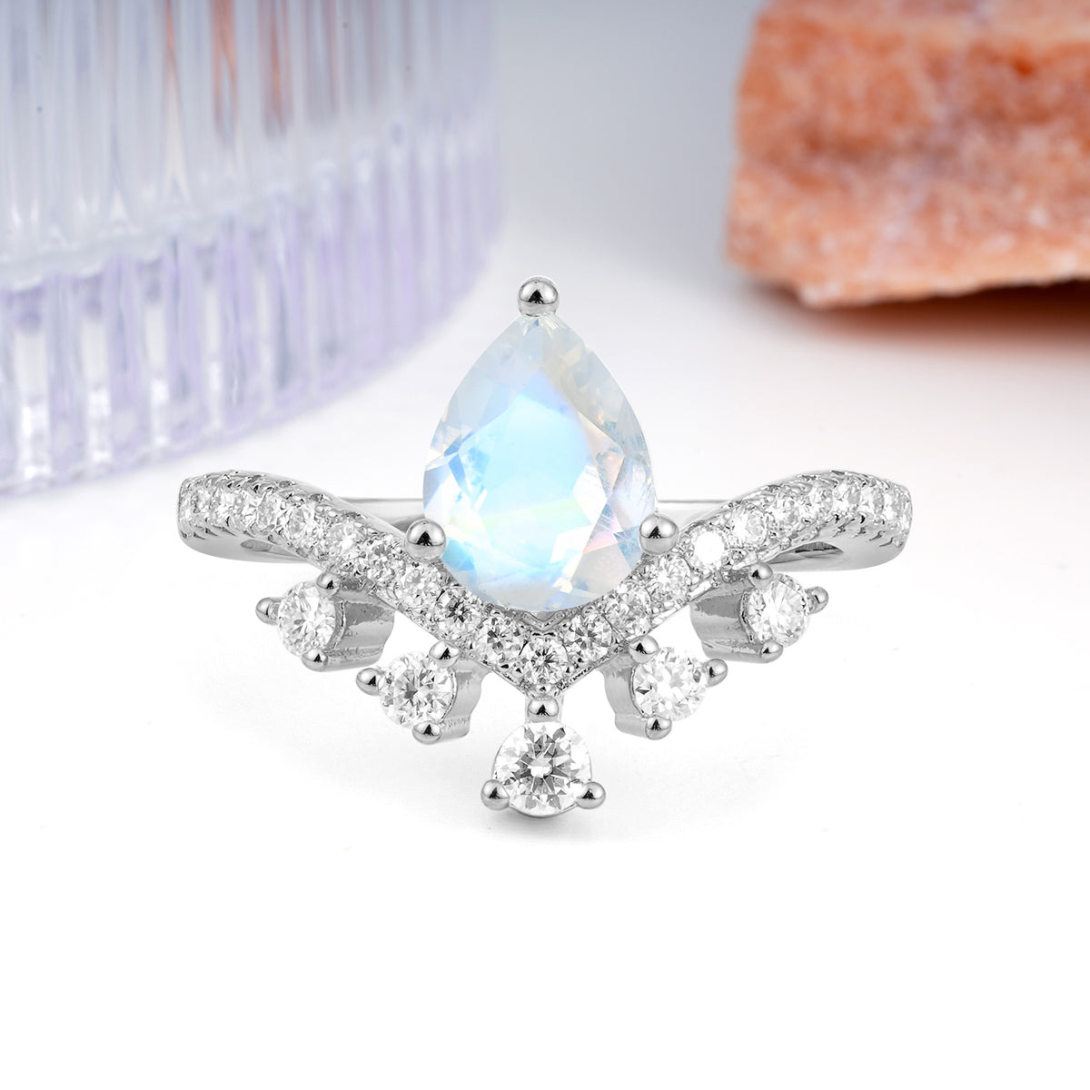 Luxurious and Unique Crown Style 3 Prong Pear Cut Moonstone Engagement Ring - Additional view
