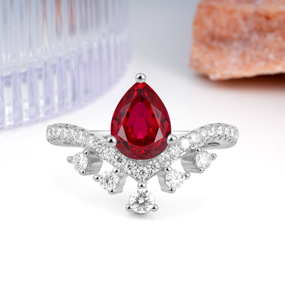 Luxurious and Unique Crown Style 3 Prong Pear Cut Ruby Engagement Ring - Additional view