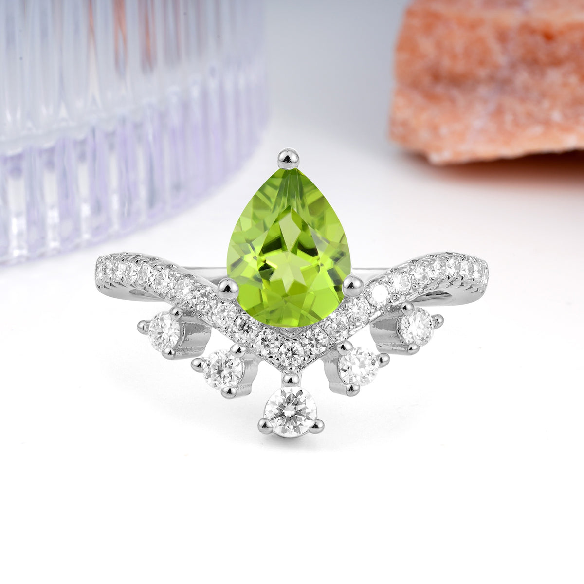 Luxurious and Unique Crown Style 3 Prong Pear Cut Peridot Engagement Ring - Additional view