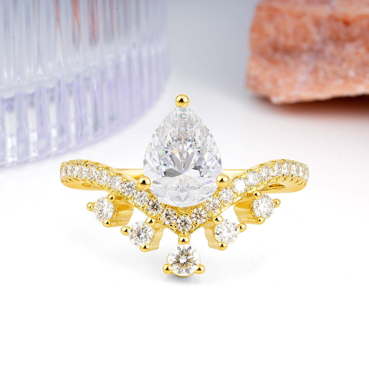 Luxurious and Unique Crown Style 3 Prong Pear Cut Moissanite Engagement Ring - Additional view
