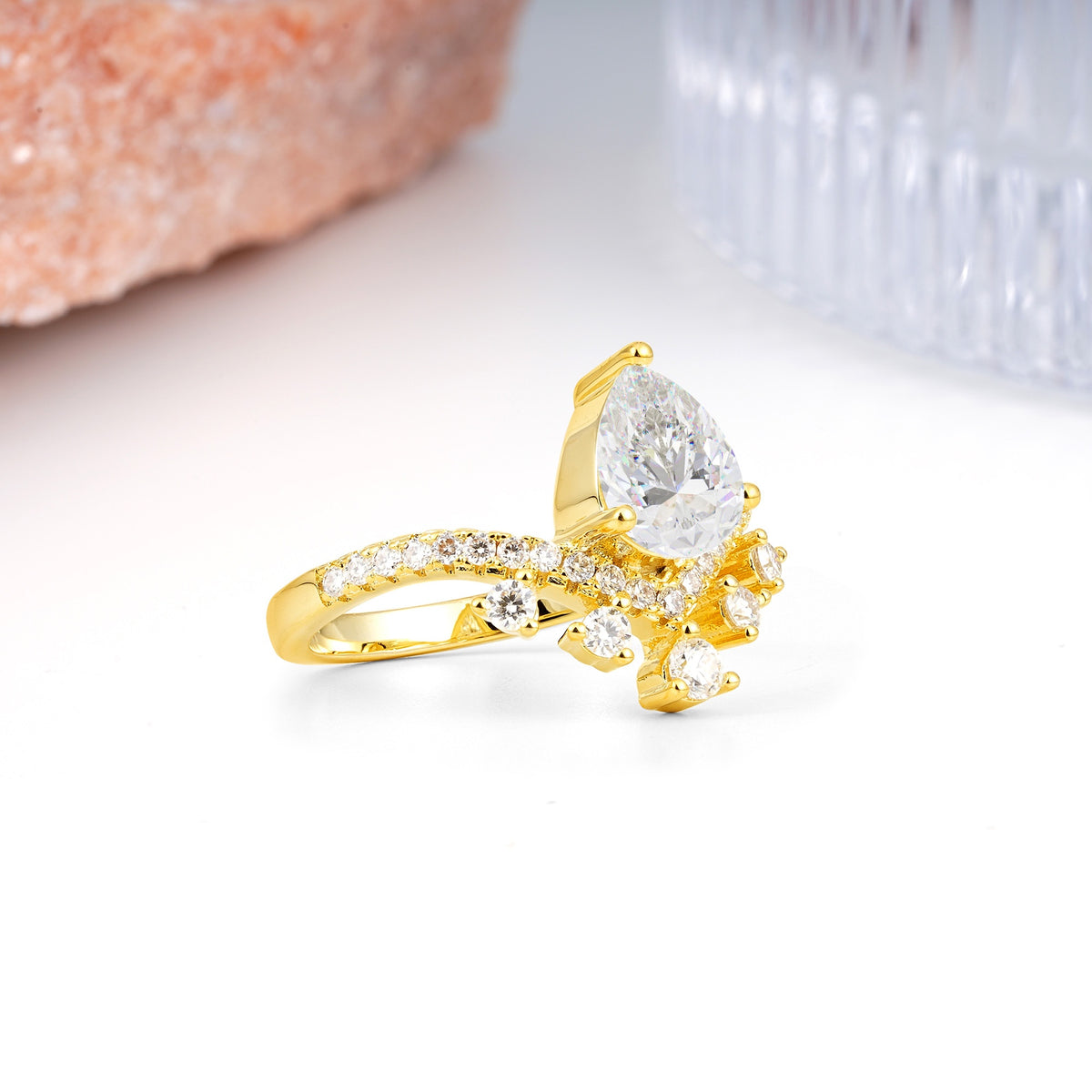 Luxurious and Unique Crown Style 3 Prong Pear Cut Moissanite Engagement Ring - Additional view