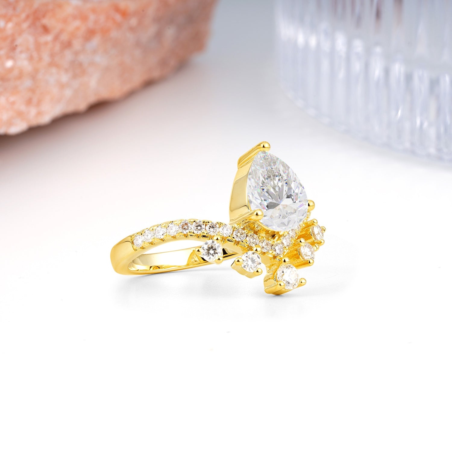 Luxurious and Unique Crown Style 3 Prong Pear Cut Moissanite Engagement Ring - Additional view