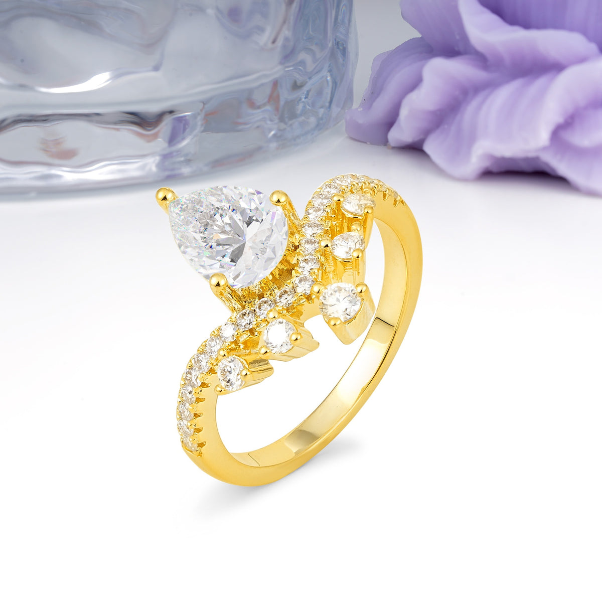 Luxurious and Unique Crown Style 3 Prong Pear Cut Moissanite Engagement Ring - Additional view