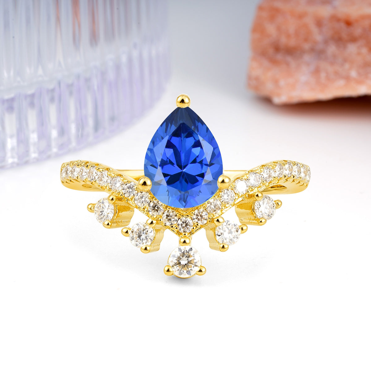 Luxurious and Unique Crown Style 3 Prong Pear Cut Sapphire Engagement Ring - Additional view