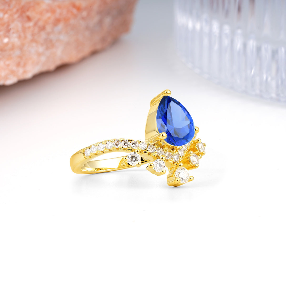 Luxurious and Unique Crown Style 3 Prong Pear Cut Sapphire Engagement Ring - Additional view
