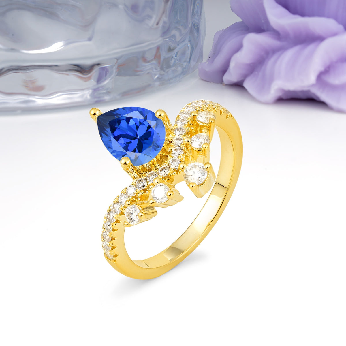 Luxurious and Unique Crown Style 3 Prong Pear Cut Sapphire Engagement Ring - Additional view