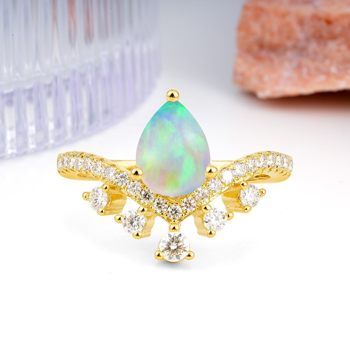 Luxurious and Unique Crown Style 3 Prong Pear Cut Fire Opal Engagement Ring - Additional view