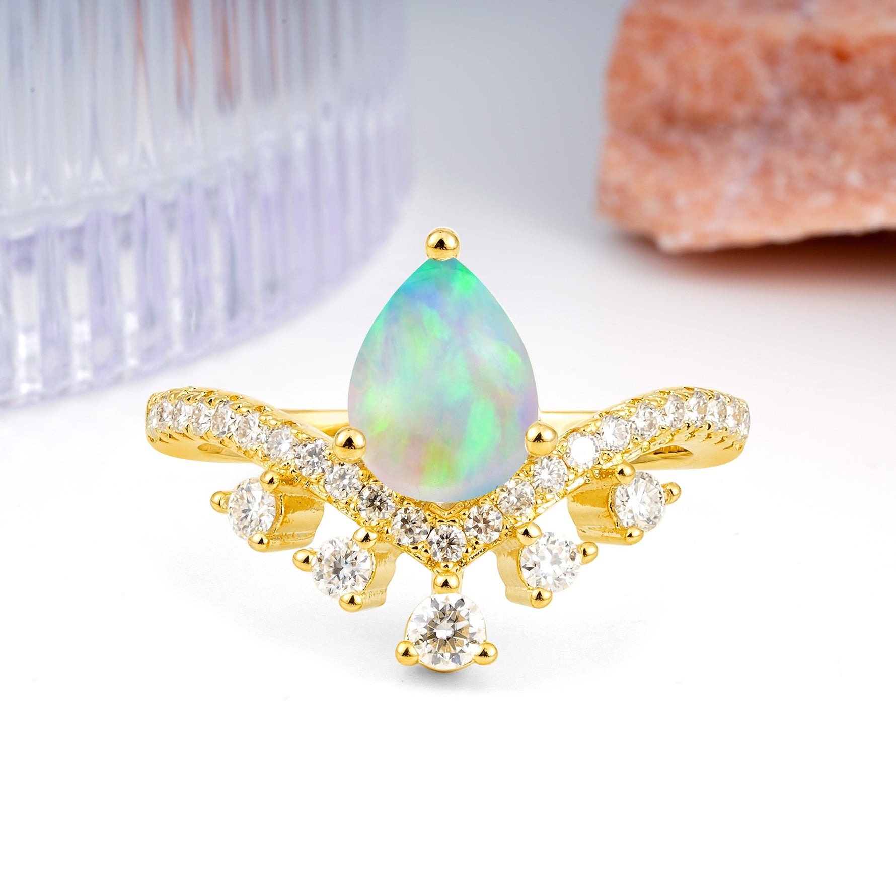 Luxurious and Unique Crown Style 3 Prong Pear Cut Fire Opal Engagement Ring - Additional view
