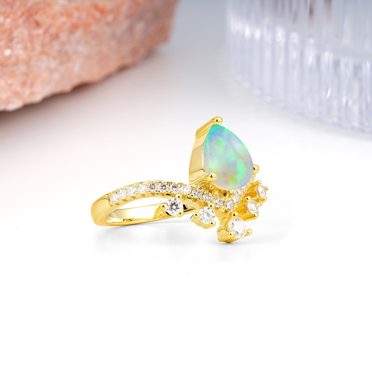 Luxurious and Unique Crown Style 3 Prong Pear Cut Fire Opal Engagement Ring - Additional view