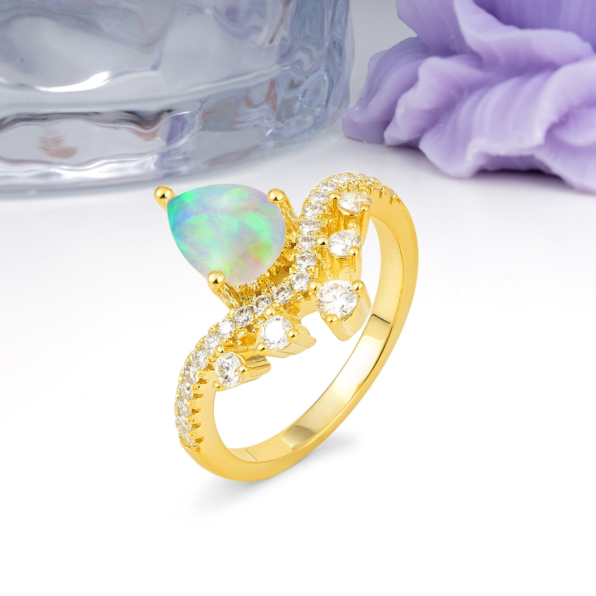 Luxurious and Unique Crown Style 3 Prong Pear Cut Fire Opal Engagement Ring - Additional view