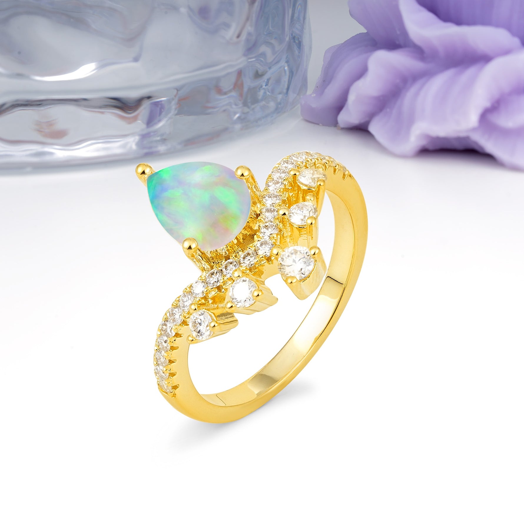 Luxurious and Unique Crown Style 3 Prong Pear Cut Fire Opal Engagement Ring - Additional view