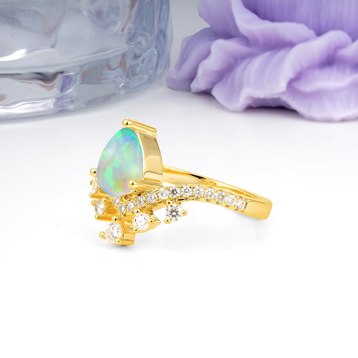 Luxurious and Unique Crown Style 3 Prong Pear Cut Fire Opal Engagement Ring - Additional view