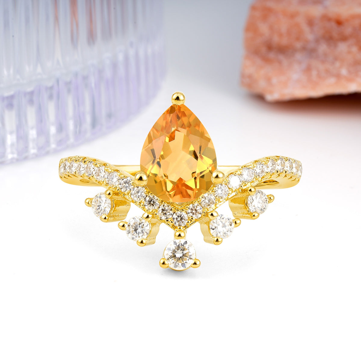 Luxurious and Unique Crown Style 3 Prong Pear Cut Citrine Engagement Ring - Additional view