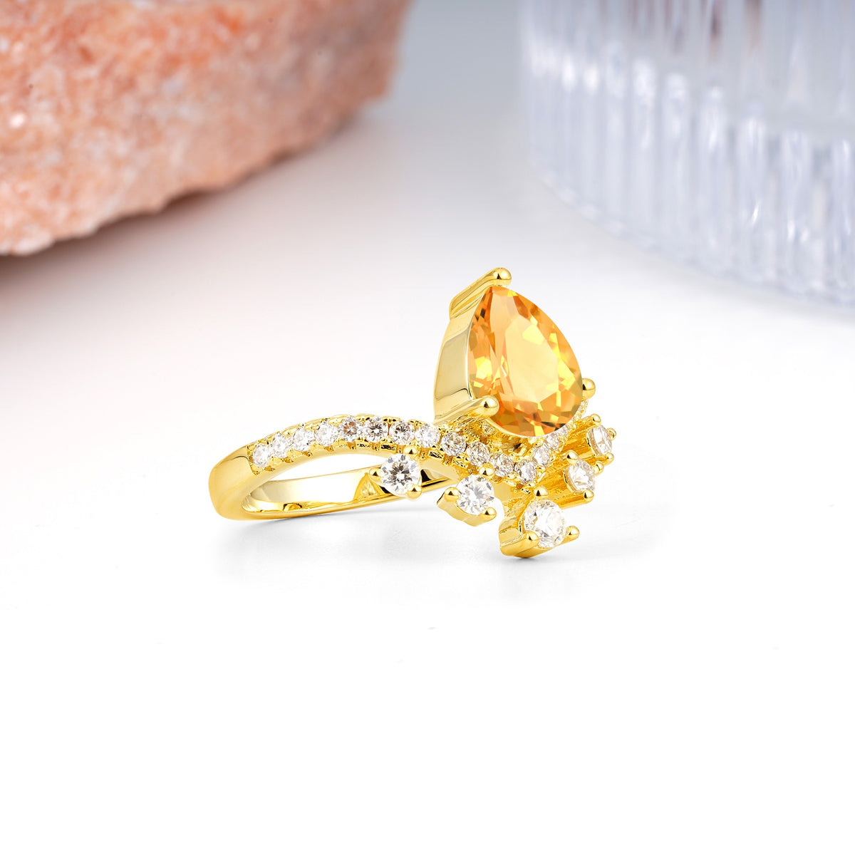 Luxurious and Unique Crown Style 3 Prong Pear Cut Citrine Engagement Ring - Additional view
