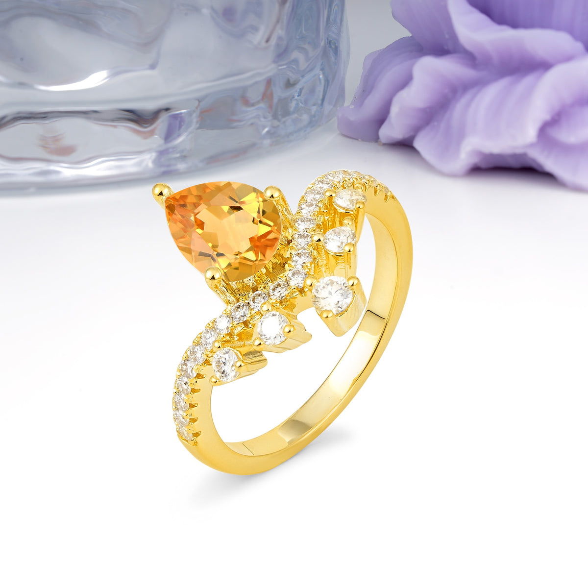 Luxurious and Unique Crown Style 3 Prong Pear Cut Citrine Engagement Ring - Additional view