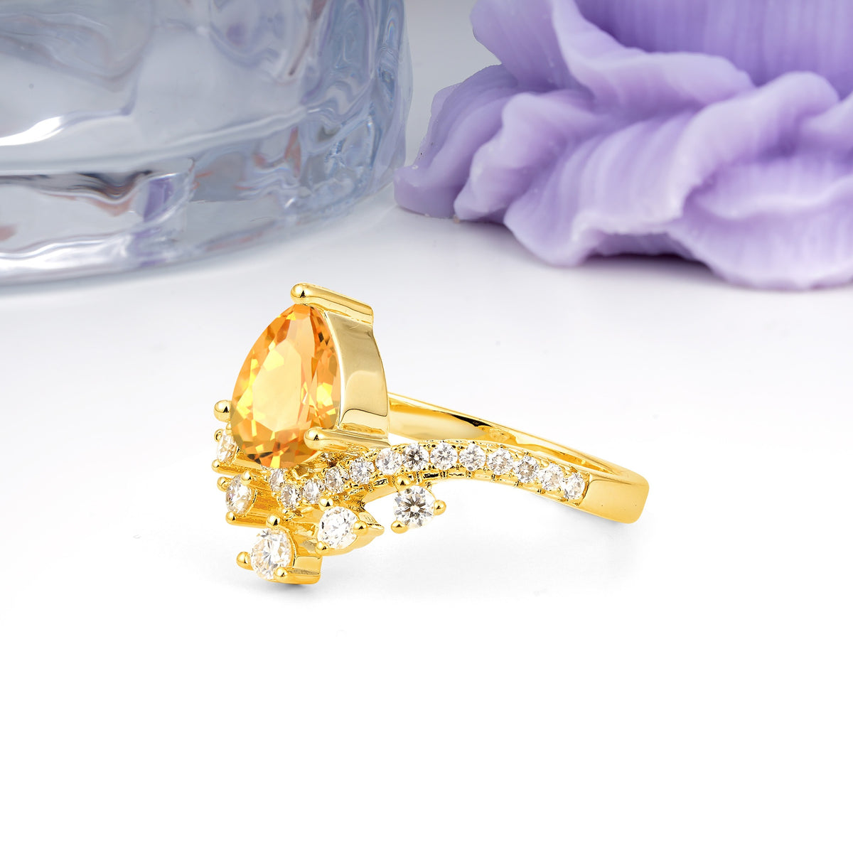 Luxurious and Unique Crown Style 3 Prong Pear Cut Citrine Engagement Ring - Additional view