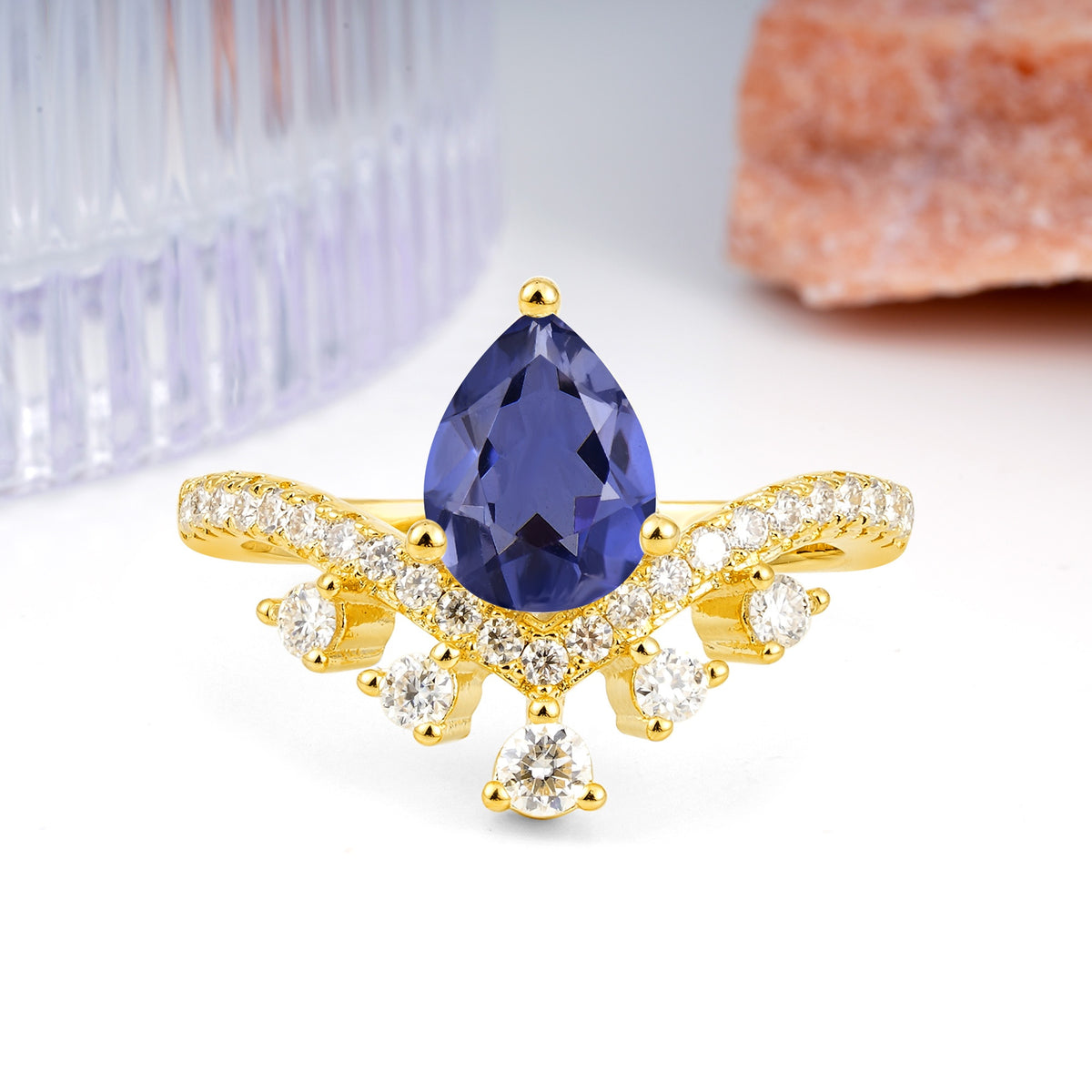 Luxurious and Unique Crown Style 3 Prong Pear Cut Tanzanite Engagement Ring - Additional view