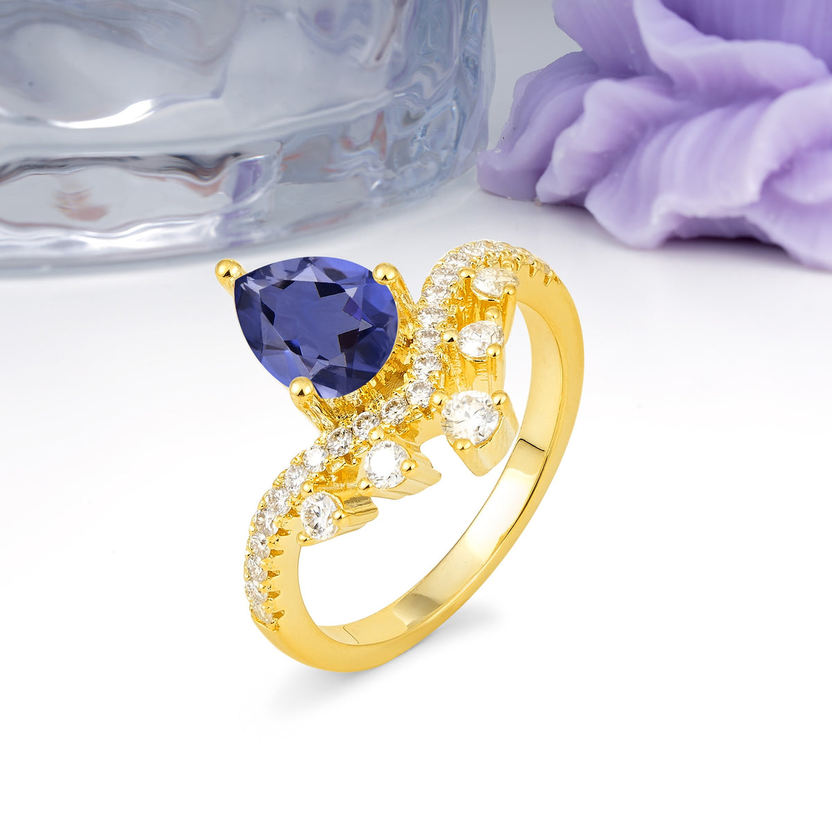 Luxurious and Unique Crown Style 3 Prong Pear Cut Tanzanite Engagement Ring - Additional view